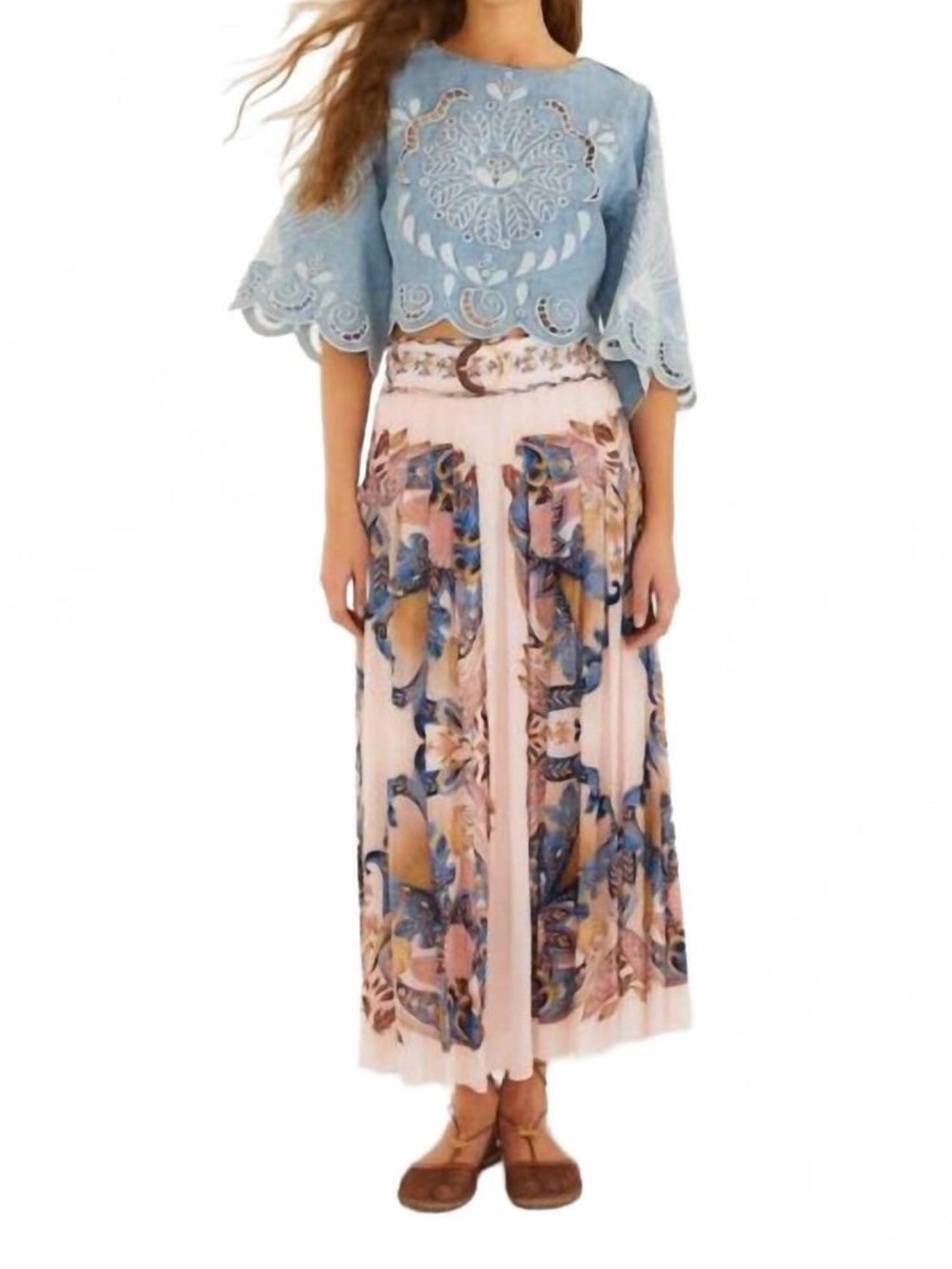 NWT FARM Rio Floral Pleated Skirt - Pink Blue